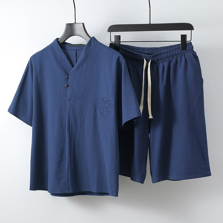 Buddha Stones Ensemble 2 pièces style Tang décontracté, broderie, en coton et lin uni, manches courtes, short, vêtement de méditation pour homme avec poche - Marine - US/UK/AU54, EU64 (9XL) - image 6
