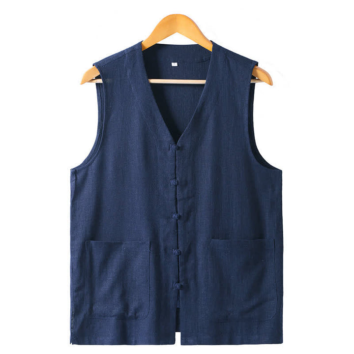 Buddha Stones Débardeur d'été décontracté à col en V, style Tang, avec boutons grenouille, couleur unie et poches, pour homme - Marine - US/UK/AU46, EU56 (5XL) - image 0