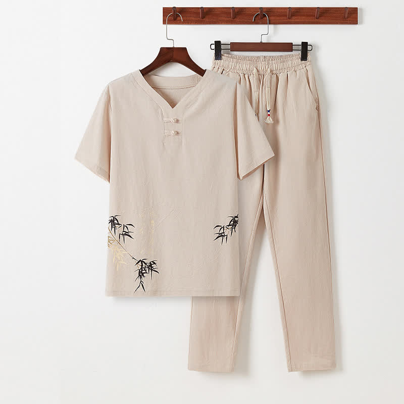 Buddha Stones Ensemble 2 pièces style Tang décontracté, chemise à manches courtes et pantalon en coton et lin imprimé bambou, style grenouille, avec poches, idéal pour la méditation. - Beige - US/UK/AU46, EU56 (5XL) - image 19