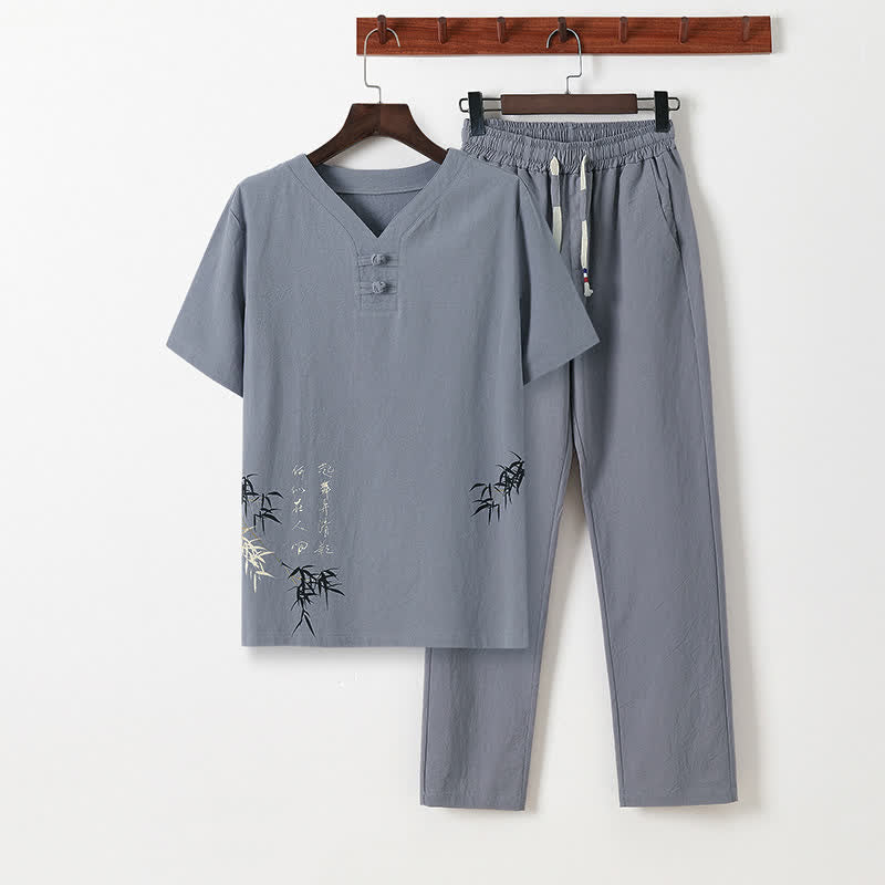 Buddha Stones Ensemble 2 pièces style Tang décontracté, chemise à manches courtes et pantalon en coton et lin imprimé bambou, style grenouille, avec poches, idéal pour la méditation. - Gainsboro - US/UK/AU46, EU56 (5XL) - image 0