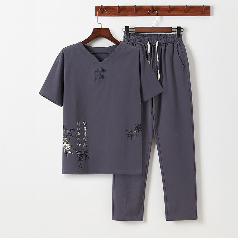 Buddha Stones Ensemble 2 pièces style Tang décontracté, chemise à manches courtes et pantalon en coton et lin imprimé bambou, style grenouille, avec poches, idéal pour la méditation. - Gris sombre - US/UK/AU46, EU56 (5XL) - image 17