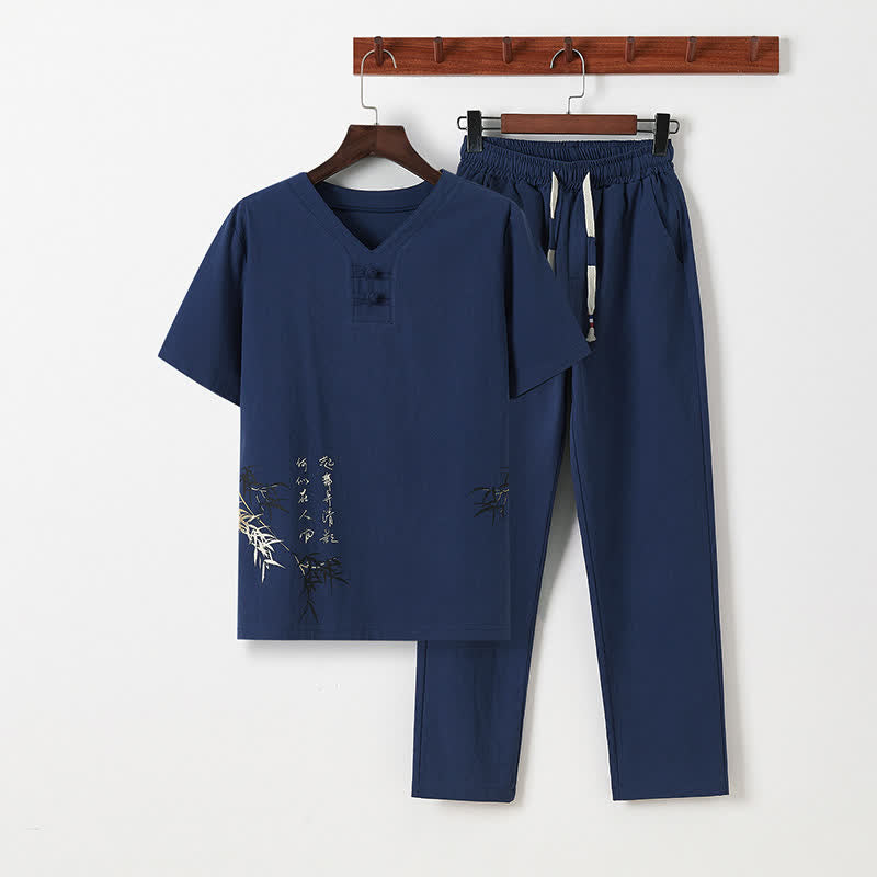Buddha Stones Ensemble 2 pièces style Tang décontracté, chemise à manches courtes et pantalon en coton et lin imprimé bambou, style grenouille, avec poches, idéal pour la méditation. - Marine - US/UK/AU46, EU56 (5XL) - image 1