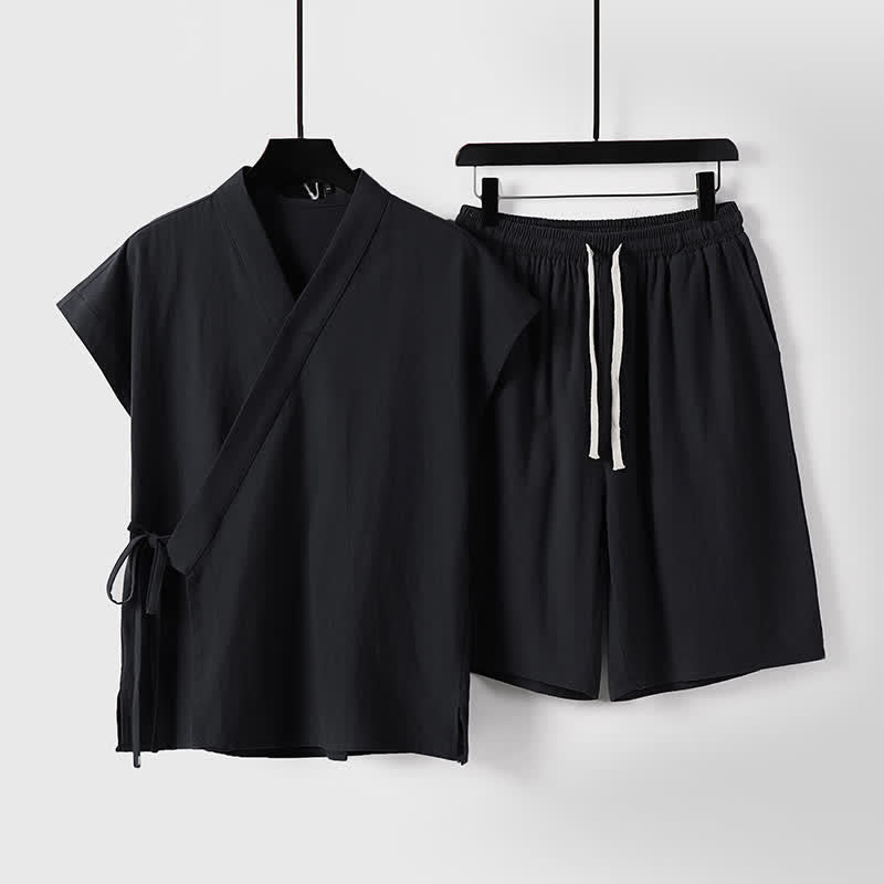 Buddha Stones Ensemble 2 pièces pour homme, style Tang, avec cordon de serrage, manches courtes, chemise et short, en coton et lin uni, manches courtes, poches, idéal pour la méditation d'été. - Noir - US/UK/AU54, EU64 (9XL) - image 3