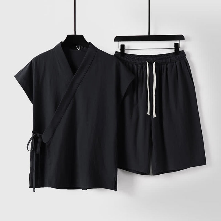Buddha Stones Ensemble 2 pièces pour homme, style Tang, avec cordon de serrage, manches courtes, chemise et short, en coton et lin uni, manches courtes, poches, idéal pour la méditation d'été. - Noir - US/UK/AU54, EU64 (9XL) - image 3