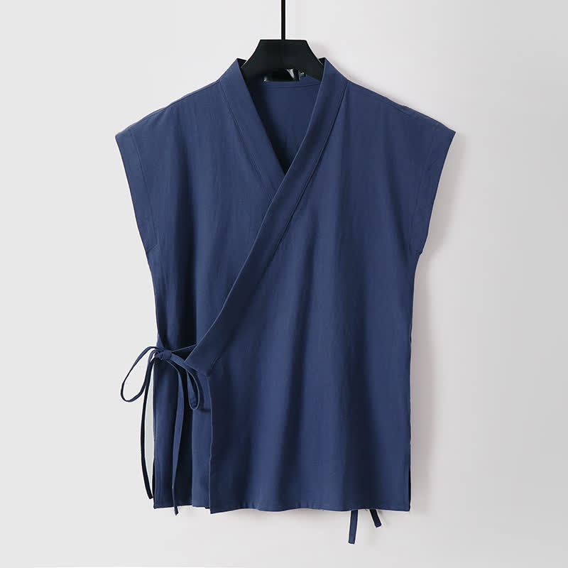 Buddha Stones Ensemble 2 pièces pour homme, style Tang, avec cordon de serrage, manches courtes, chemise et short, en coton et lin uni, manches courtes, poches, idéal pour la méditation d'été. - image 1