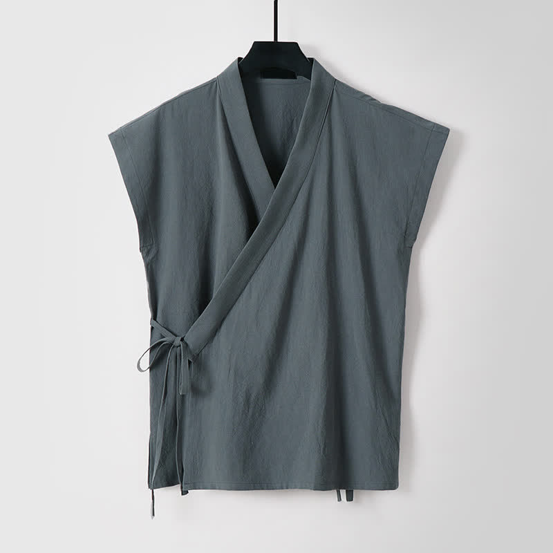 Buddha Stones Ensemble 2 pièces pour homme, style Tang, avec cordon de serrage, manches courtes, chemise et short, en coton et lin uni, manches courtes, poches, idéal pour la méditation d'été. - image 7