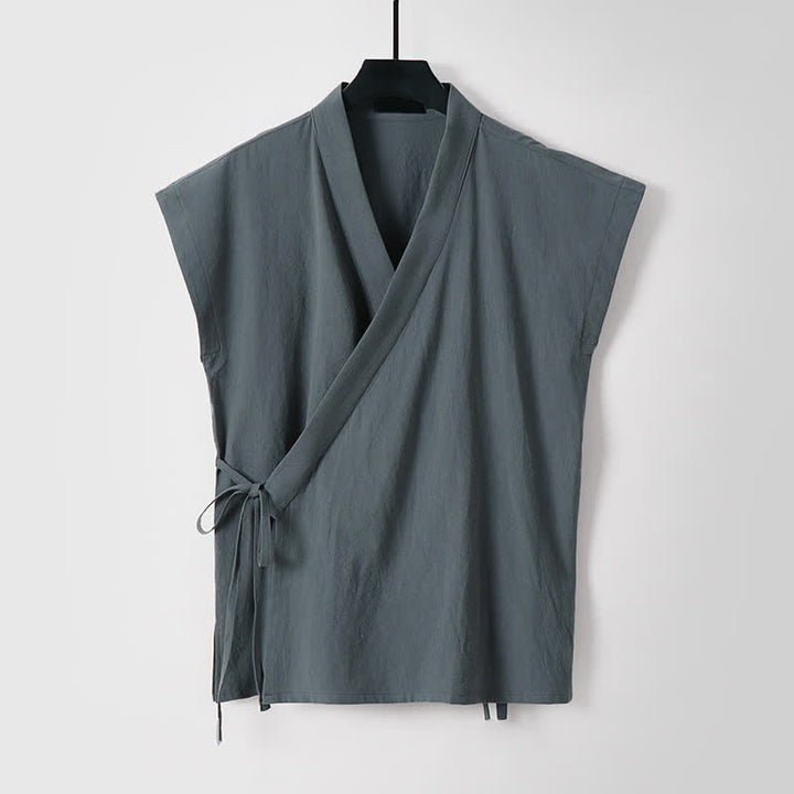 Buddha Stones Ensemble 2 pièces pour homme, style Tang, avec cordon de serrage, manches courtes, chemise et short, en coton et lin uni, manches courtes, poches, idéal pour la méditation d'été. - image 7