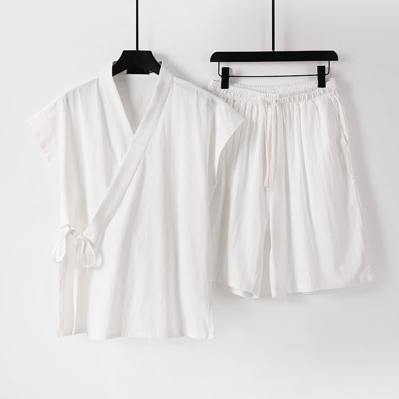 Buddha Stones Ensemble 2 pièces pour homme, style Tang, avec cordon de serrage, manches courtes, chemise et short, en coton et lin uni, manches courtes, poches, idéal pour la méditation d'été. - Blanc - US/UK/AU54, EU64 (9XL) - image 13