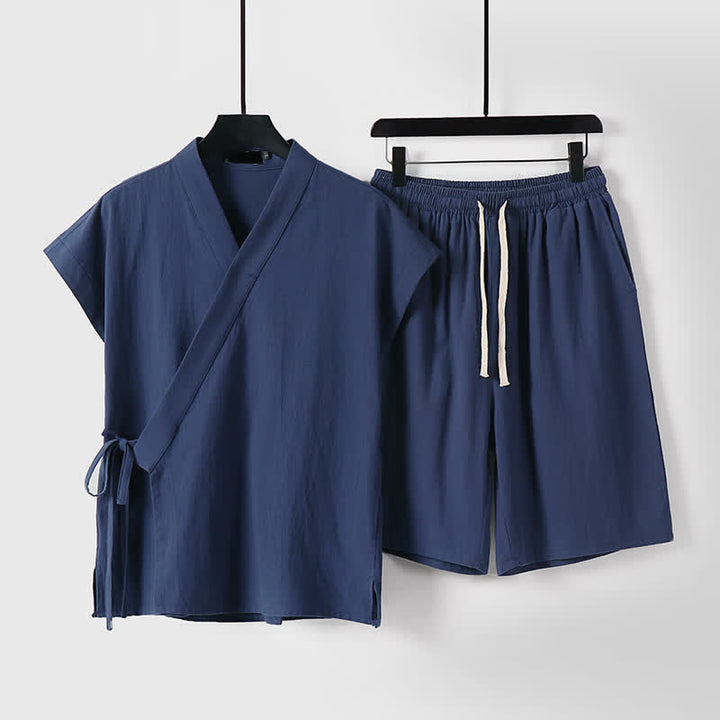Buddha Stones Ensemble 2 pièces pour homme, style Tang, avec cordon de serrage, manches courtes, chemise et short, en coton et lin uni, manches courtes, poches, idéal pour la méditation d'été. - Marine - US/UK/AU54, EU64 (9XL) - image 0