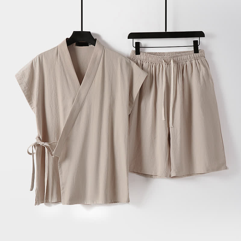 Buddha Stones Ensemble 2 pièces pour homme, style Tang, avec cordon de serrage, manches courtes, chemise et short, en coton et lin uni, manches courtes, poches, idéal pour la méditation d'été. - Bisque - US/UK/AU54, EU64 (9XL) - image 9