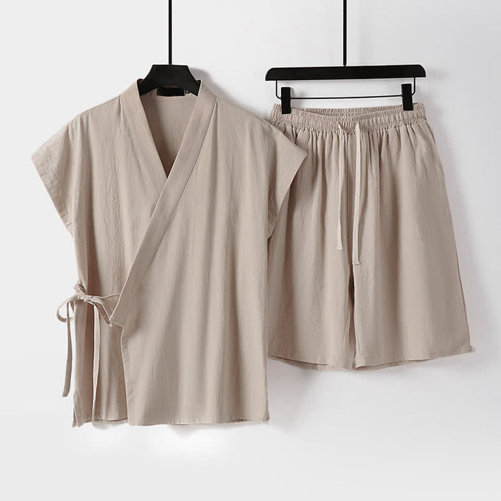 Buddha Stones Ensemble 2 pièces pour homme, style Tang, avec cordon de serrage, manches courtes, chemise et short, en coton et lin uni, manches courtes, poches, idéal pour la méditation d'été. - Bisque - US/UK/AU54, EU64 (9XL) - image 9