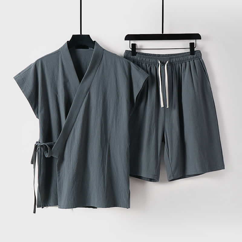 Buddha Stones Ensemble 2 pièces pour homme, style Tang, avec cordon de serrage, manches courtes, chemise et short, en coton et lin uni, manches courtes, poches, idéal pour la méditation d'été. - Gris sombre - US/UK/AU54, EU64 (9XL) - image 6