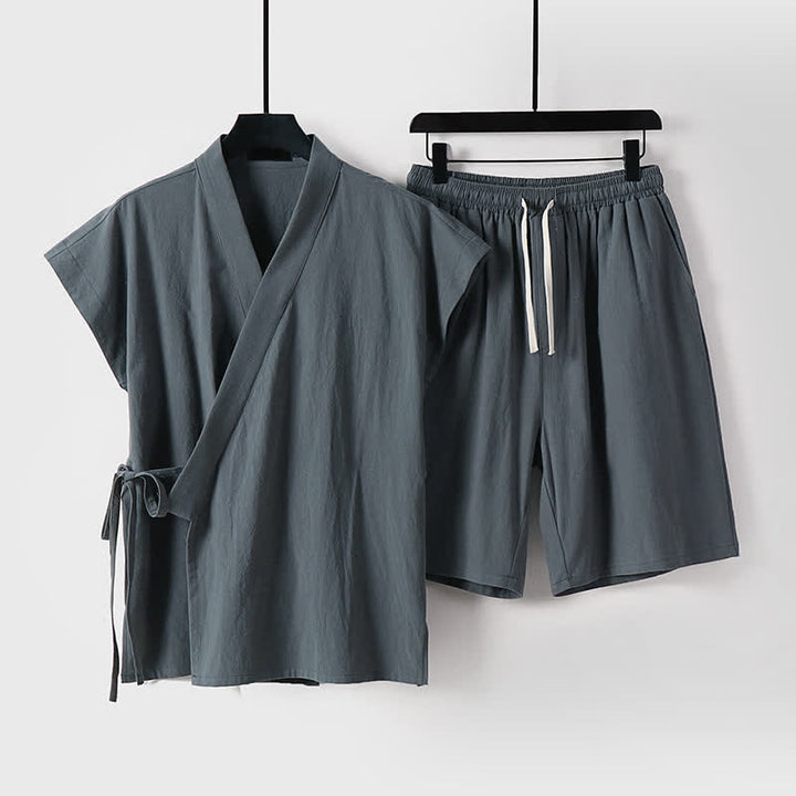 Buddha Stones Ensemble 2 pièces pour homme, style Tang, avec cordon de serrage, manches courtes, chemise et short, en coton et lin uni, manches courtes, poches, idéal pour la méditation d'été. - Gris sombre - US/UK/AU54, EU64 (9XL) - image 6