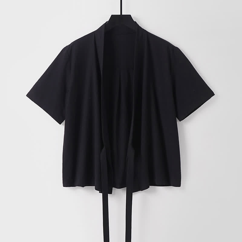 Buddha Stones Kimono d'été minimaliste à manches courtes, uni, en coton et lin, à lacets et ouverture sur le devant, pour homme. - Noir - US/UK/AU54, EU64 (9XL) - image 3