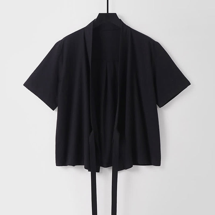 Buddha Stones Kimono d'été minimaliste à manches courtes, uni, en coton et lin, à lacets et ouverture sur le devant, pour homme. - Noir - US/UK/AU54, EU64 (9XL) - image 3