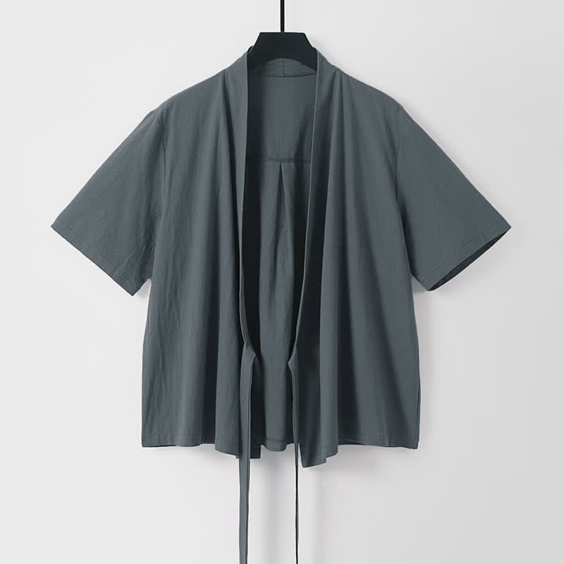 Buddha Stones Kimono d'été minimaliste à manches courtes, uni, en coton et lin, à lacets et ouverture sur le devant, pour homme. - Gris sombre - US/UK/AU54, EU64 (9XL) - image 0