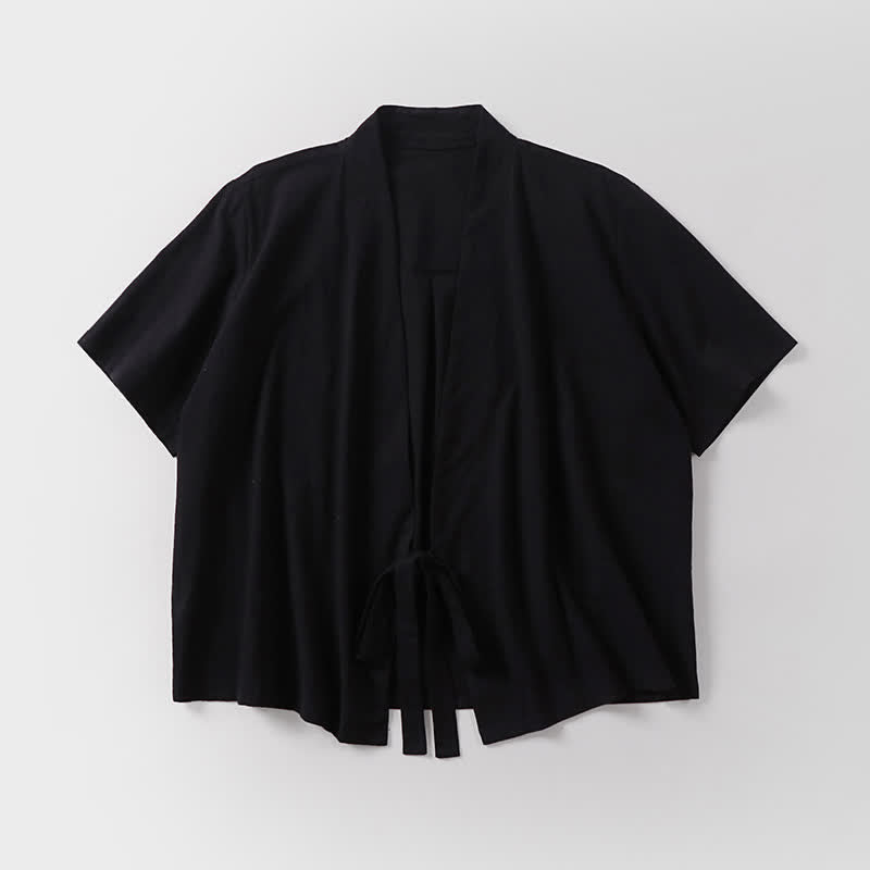 Buddha Stones Kimono d'été minimaliste à manches courtes, uni, en coton et lin, à lacets et ouverture sur le devant, pour homme. - image 4