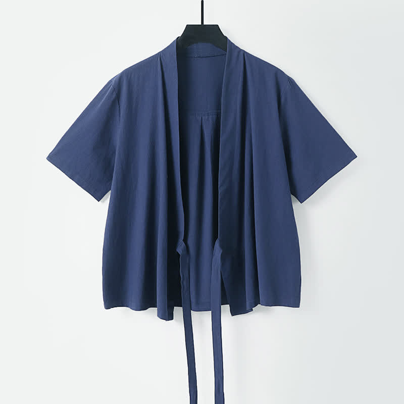 Buddha Stones Kimono d'été minimaliste à manches courtes, uni, en coton et lin, à lacets et ouverture sur le devant, pour homme. - image 6