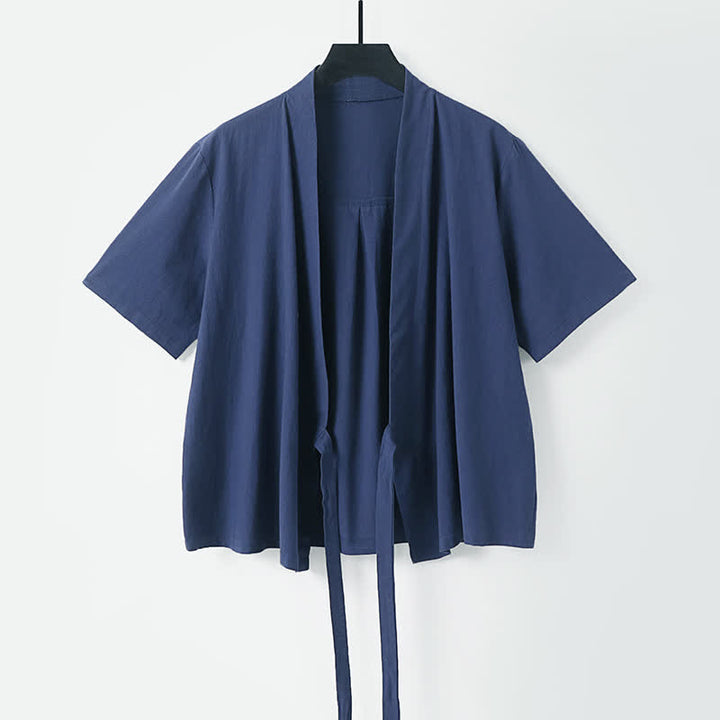 Buddha Stones Kimono d'été minimaliste à manches courtes, uni, en coton et lin, à lacets et ouverture sur le devant, pour homme. - image 6