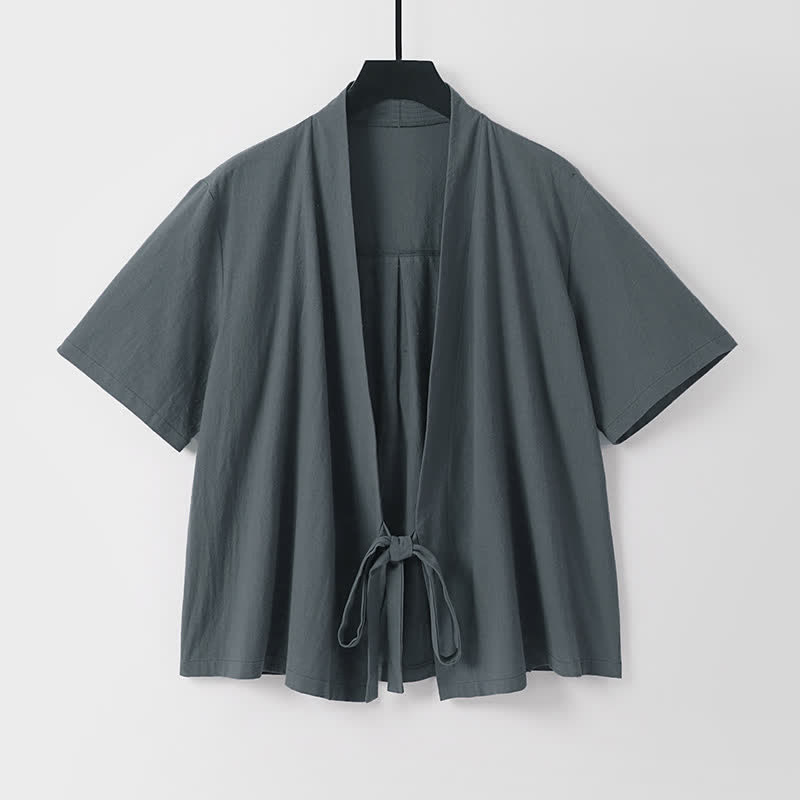 Buddha Stones Kimono d'été minimaliste à manches courtes, uni, en coton et lin, à lacets et ouverture sur le devant, pour homme. - image 1