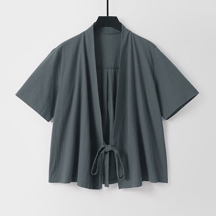 Buddha Stones Kimono d'été minimaliste à manches courtes, uni, en coton et lin, à lacets et ouverture sur le devant, pour homme. - image 1