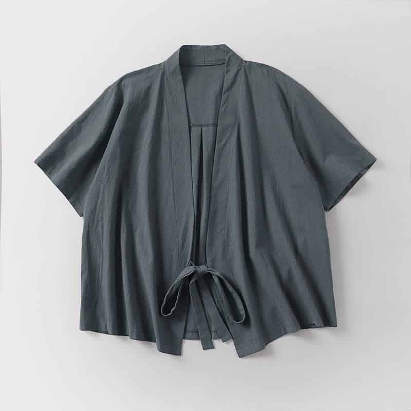 Buddha Stones Kimono d'été minimaliste à manches courtes, uni, en coton et lin, à lacets et ouverture sur le devant, pour homme. - image 2