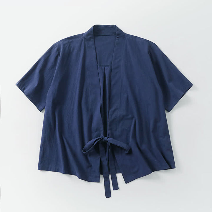 Buddha Stones Kimono d'été minimaliste à manches courtes, uni, en coton et lin, à lacets et ouverture sur le devant, pour homme. - image 7