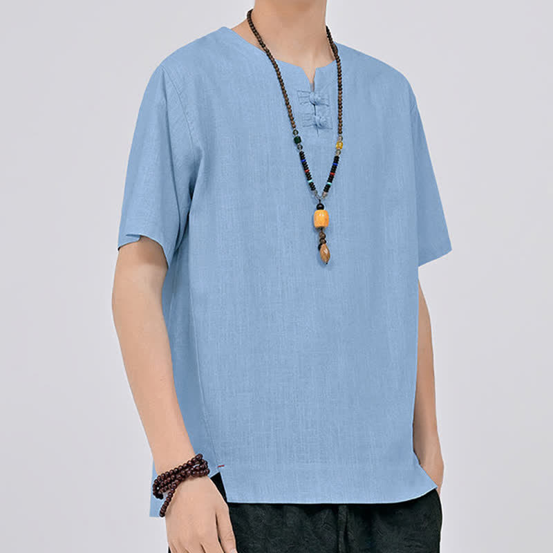 Buddha Stones Chemises d'été minimalistes à manches courtes pour hommes, col rond et col à deux boutons grenouille, style Tang. - image 15