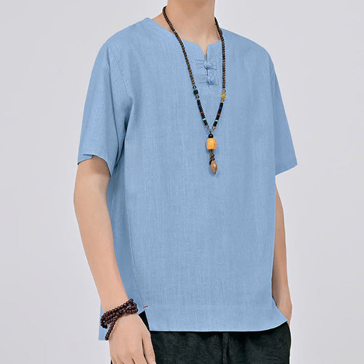 Buddha Stones Chemises d'été minimalistes à manches courtes pour hommes, col rond et col à deux boutons grenouille, style Tang. - image 15