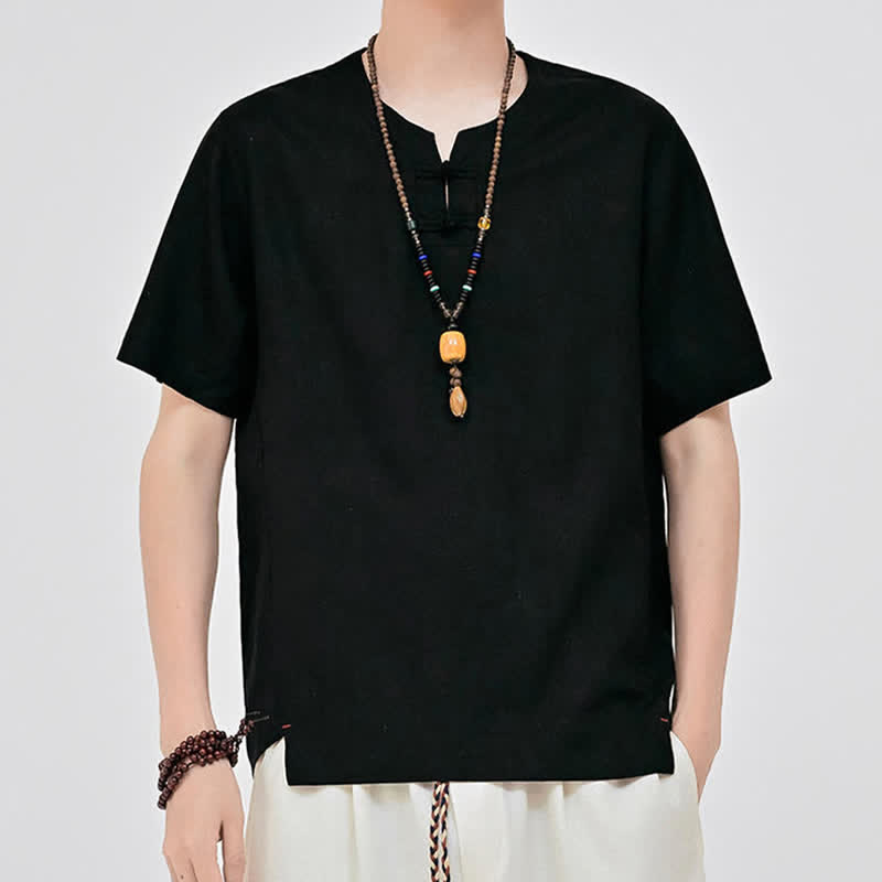 Buddha Stones Chemises d'été minimalistes à manches courtes pour hommes, col rond et col à deux boutons grenouille, style Tang. - Noir - US/UK/AU46, EU56 (5XL) - image 7