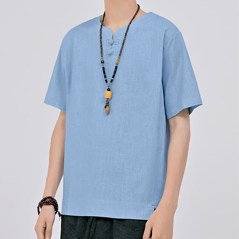 Buddha Stones Chemises d'été minimalistes à manches courtes pour hommes, col rond et col à deux boutons grenouille, style Tang. - image 16
