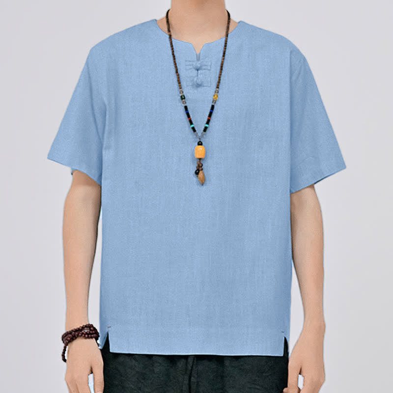 Buddha Stones Chemises d'été minimalistes à manches courtes pour hommes, col rond et col à deux boutons grenouille, style Tang. - image 17