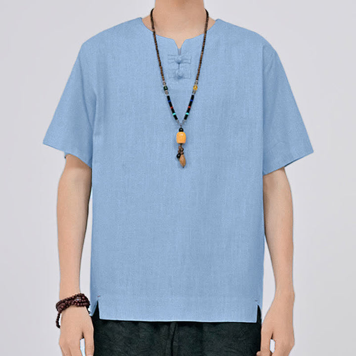 Buddha Stones Chemises d'été minimalistes à manches courtes pour hommes, col rond et col à deux boutons grenouille, style Tang. - image 17