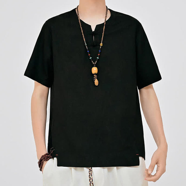 Buddha Stones Chemises d'été minimalistes à manches courtes pour hommes, col rond et col à deux boutons grenouille, style Tang. - image 11