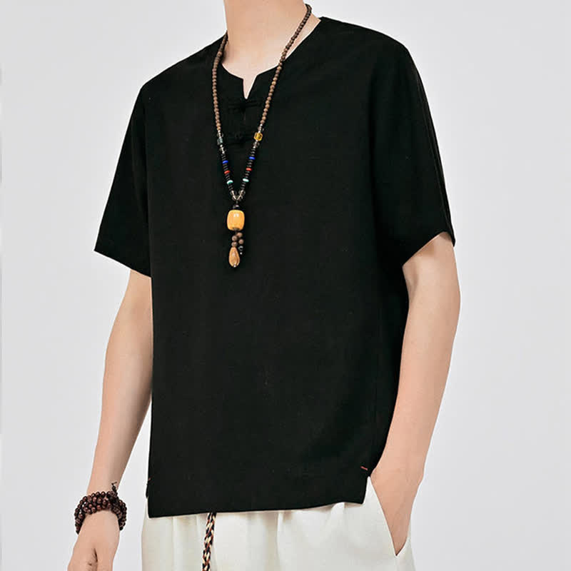 Buddha Stones Chemises d'été minimalistes à manches courtes pour hommes, col rond et col à deux boutons grenouille, style Tang. - image 9
