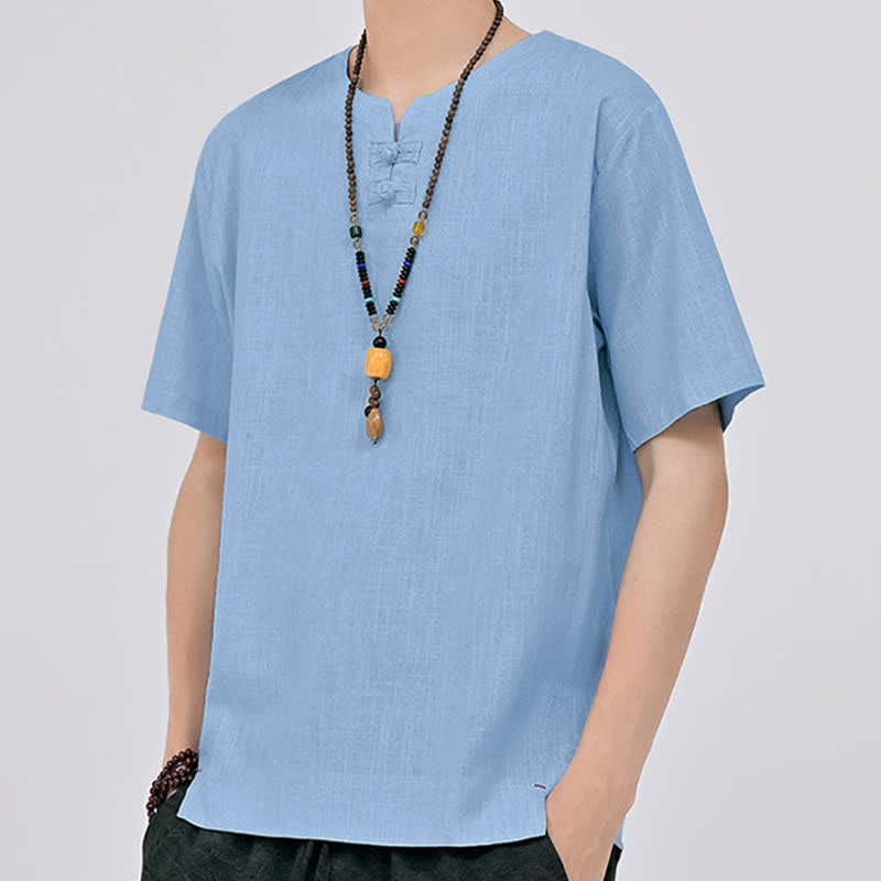 Buddha Stones Chemises d'été minimalistes à manches courtes pour hommes, col rond et col à deux boutons grenouille, style Tang. - image 18