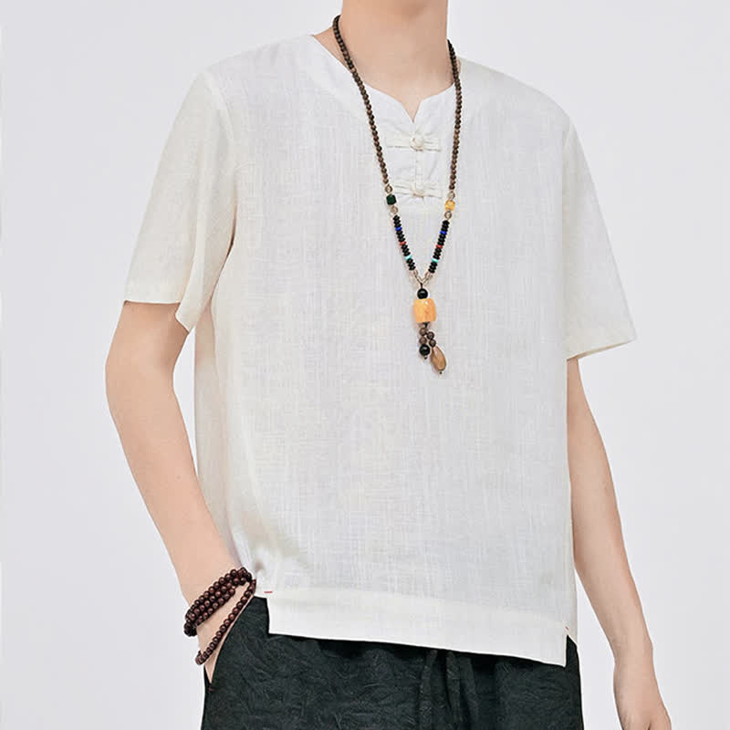 Buddha Stones Chemises d'été minimalistes à manches courtes pour hommes, col rond et col à deux boutons grenouille, style Tang. - image 6