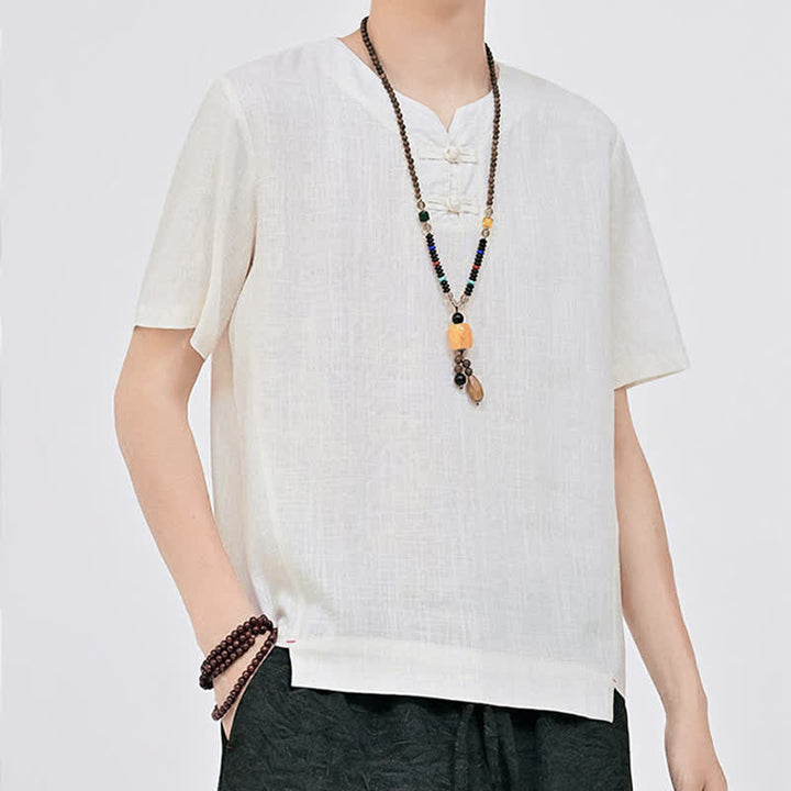 Buddha Stones Chemises d'été minimalistes à manches courtes pour hommes, col rond et col à deux boutons grenouille, style Tang. - image 6