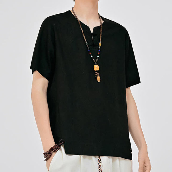 Buddha Stones Chemises d'été minimalistes à manches courtes pour hommes, col rond et col à deux boutons grenouille, style Tang. - image 12