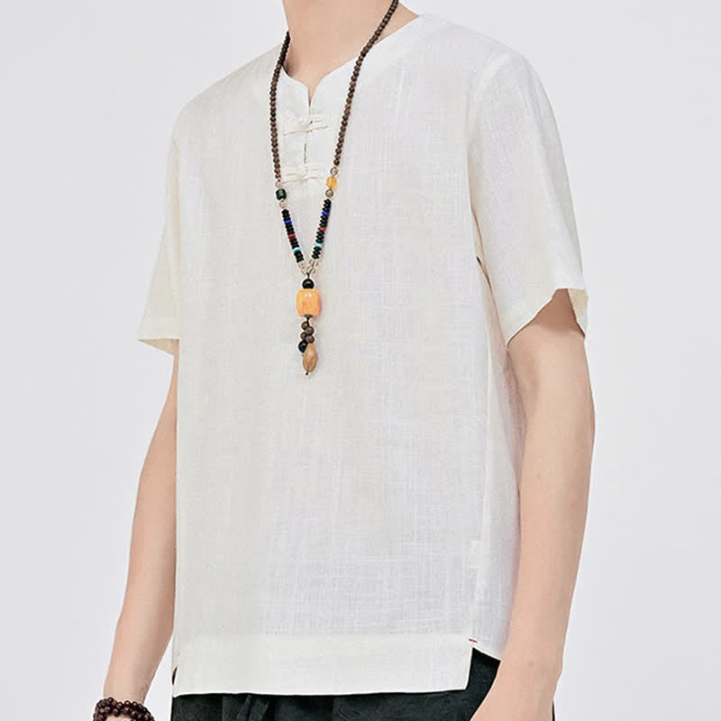 Buddha Stones Chemises d'été minimalistes à manches courtes pour hommes, col rond et col à deux boutons grenouille, style Tang. - image 5
