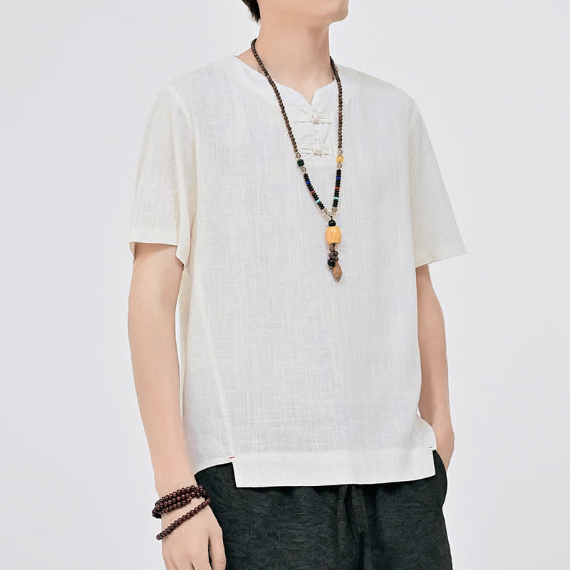 Buddha Stones Chemises d'été minimalistes à manches courtes pour hommes, col rond et col à deux boutons grenouille, style Tang. - image 1