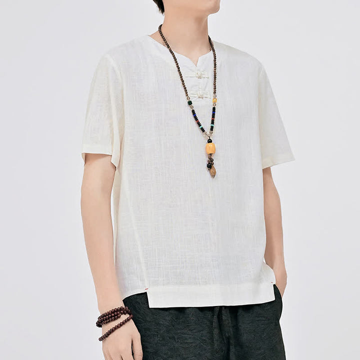 Buddha Stones Chemises d'été minimalistes à manches courtes pour hommes, col rond et col à deux boutons grenouille, style Tang. - image 1