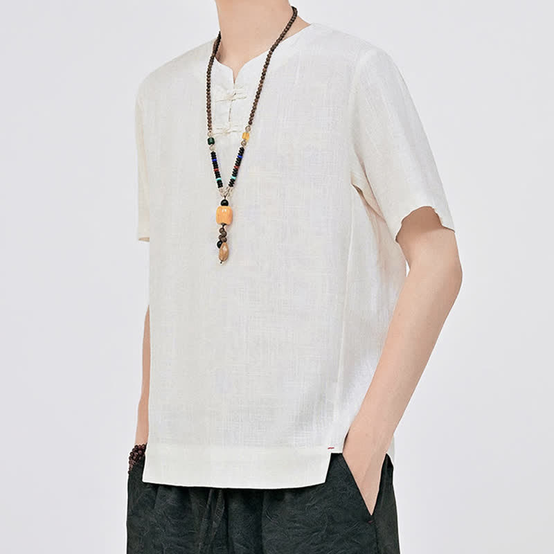 Buddha Stones Chemises d'été minimalistes à manches courtes pour hommes, col rond et col à deux boutons grenouille, style Tang. - image 2