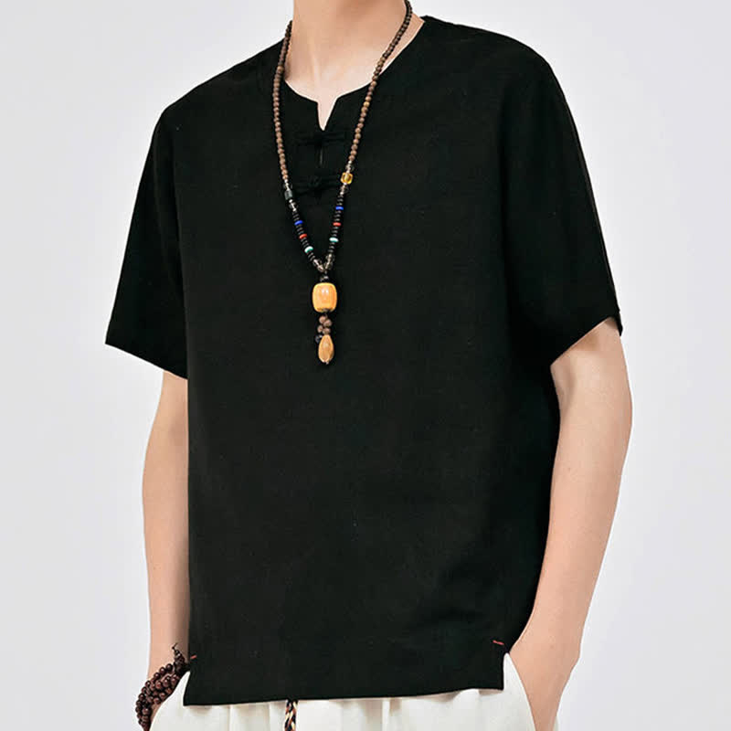 Buddha Stones Chemises d'été minimalistes à manches courtes pour hommes, col rond et col à deux boutons grenouille, style Tang. - image 13