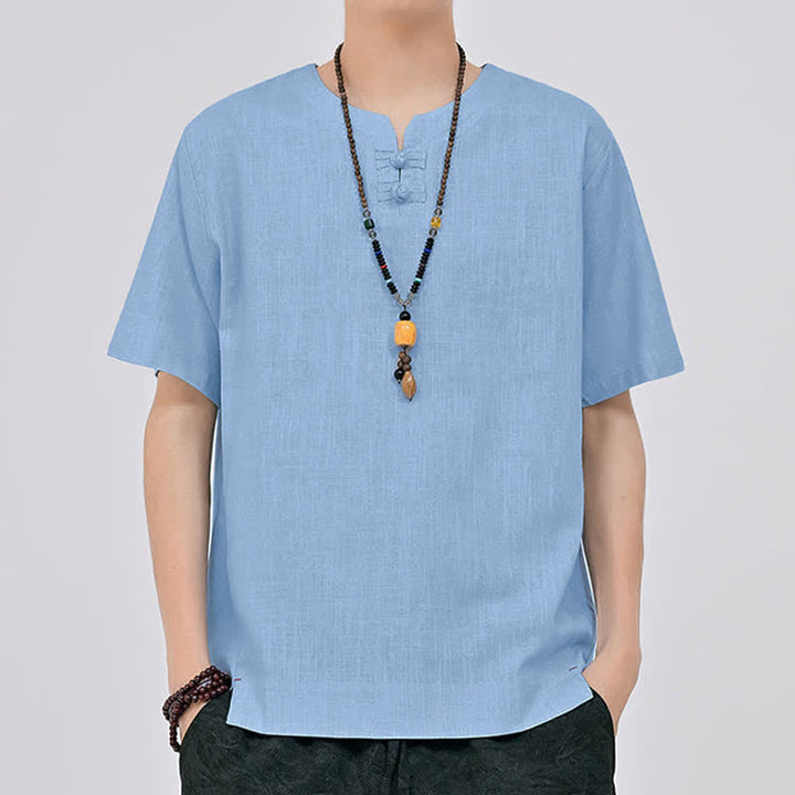 Buddha Stones Chemises d'été minimalistes à manches courtes pour hommes, col rond et col à deux boutons grenouille, style Tang. - image 19