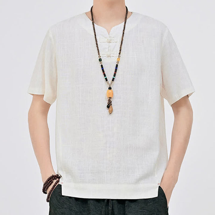 Buddha Stones Chemises d'été minimalistes à manches courtes pour hommes, col rond et col à deux boutons grenouille, style Tang. - image 3