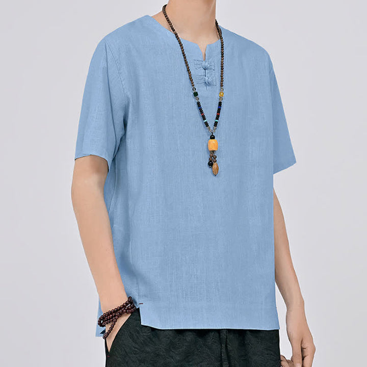 Buddha Stones Chemises d'été minimalistes à manches courtes pour hommes, col rond et col à deux boutons grenouille, style Tang. - image 20