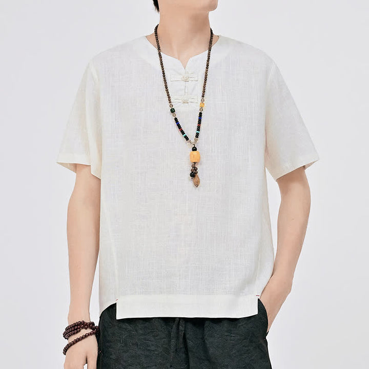 Buddha Stones Chemises d'été minimalistes à manches courtes pour hommes, col rond et col à deux boutons grenouille, style Tang. - Blanc - US/UK/AU46, EU56 (5XL) - image 0