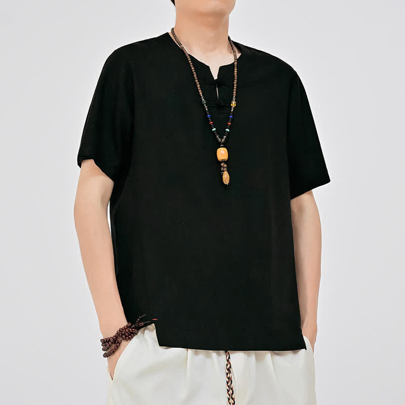 Buddha Stones Chemises d'été minimalistes à manches courtes pour hommes, col rond et col à deux boutons grenouille, style Tang. - image 8