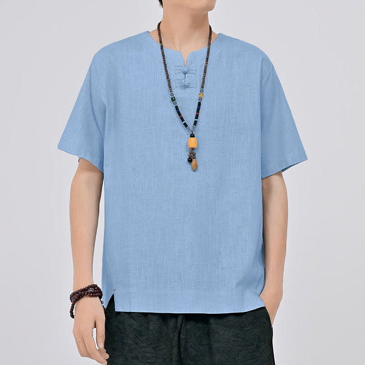 Buddha Stones Chemises d'été minimalistes à manches courtes pour hommes, col rond et col à deux boutons grenouille, style Tang. - Bleu clair - US/UK/AU46, EU56 (5XL) - image 14
